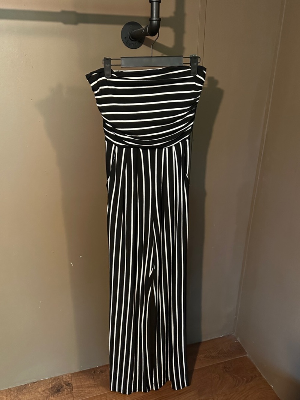 hello miss Black & White Strapless Vertical-Stripe Jumpsuit